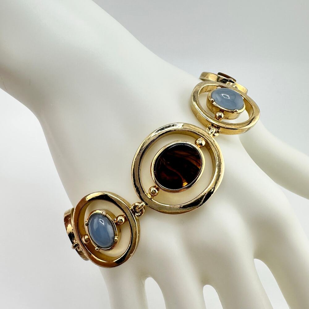 Faux Tortoiseshell Bezel Set Gray Cabachon Rhinestones Gold Tone 7" Bracelet